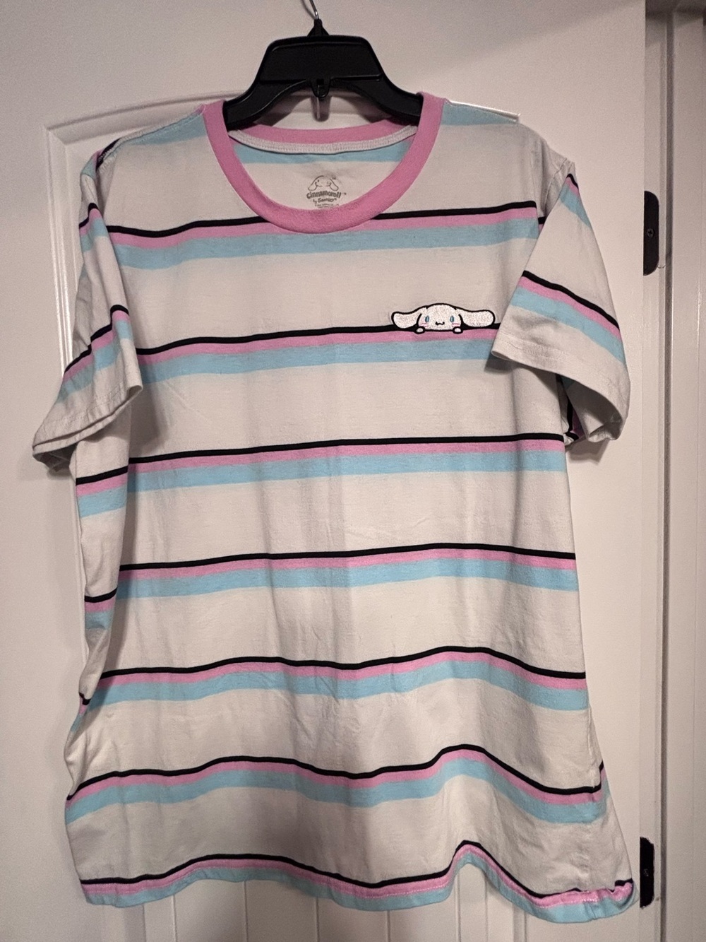 Sanrio Cinnamoroll Striped Pastel Pink, Blue, White Tee with Character Patch xxl